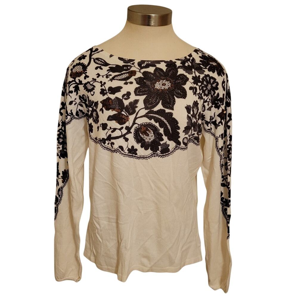 NWT Artistica Beaded Sequin Floral Stretch Long Sleeve Top Ivory Womens Size S